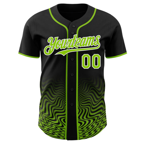 Custom Black Neon Green-White Fluid Wave Psychedelic Swirl Authentic Baseball Jersey