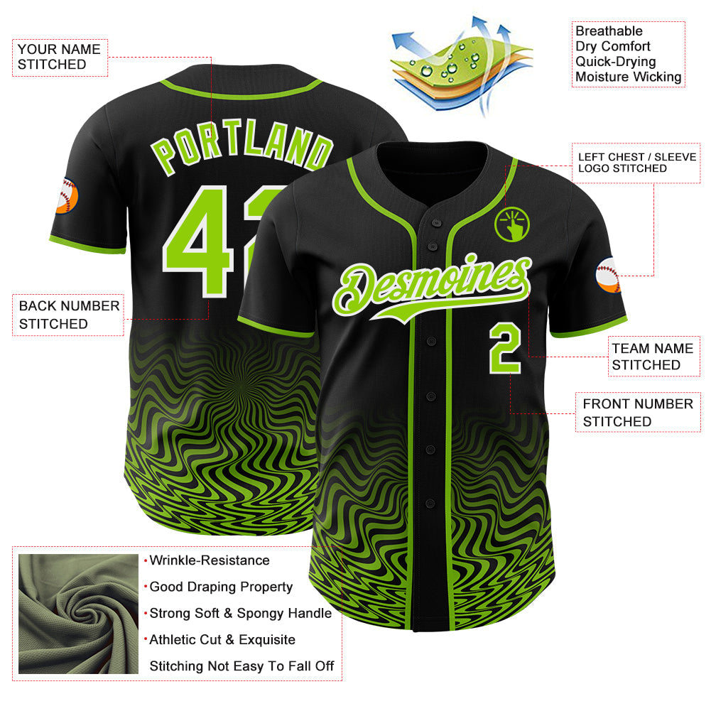Custom Black Neon Green-White Fluid Wave Psychedelic Swirl Authentic Baseball Jersey