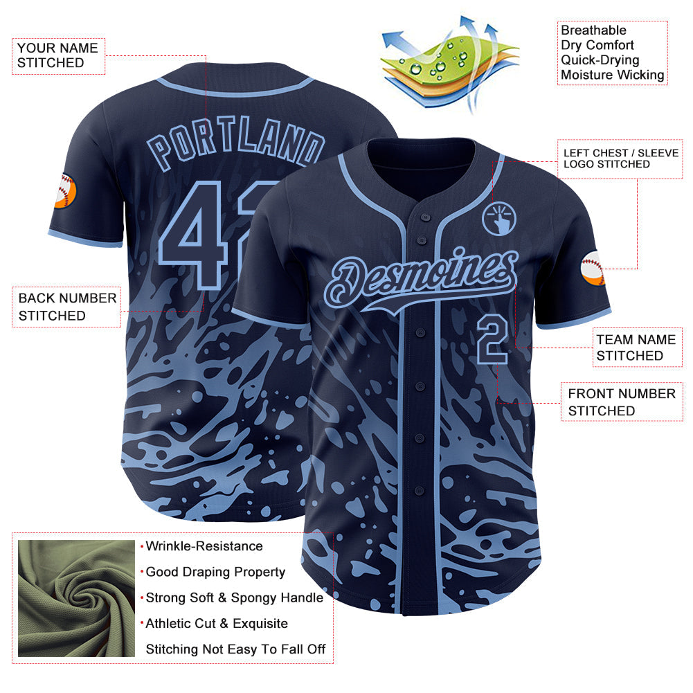 Custom Navy-Light Blue Fluid Liquid Wave Splatter Authentic Baseball Jersey