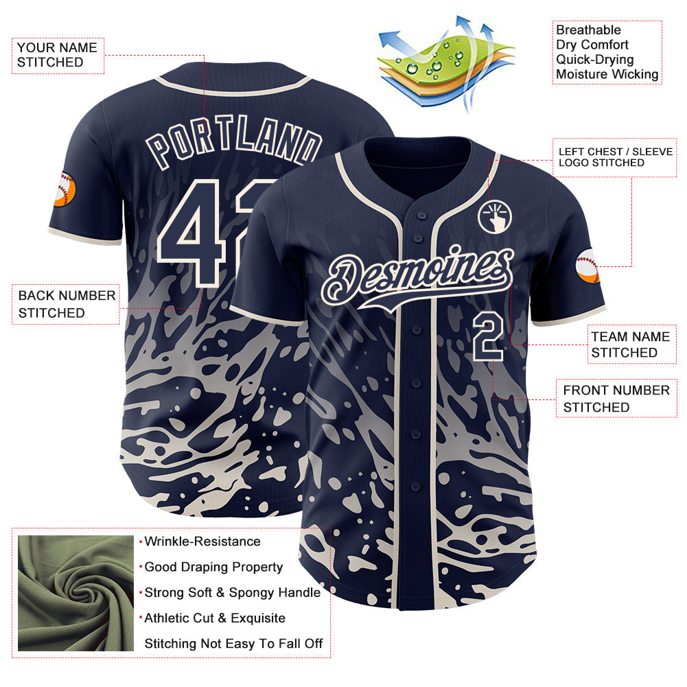 Custom Navy-Cream Fluid Liquid Wave Splatter Authentic Baseball Jersey