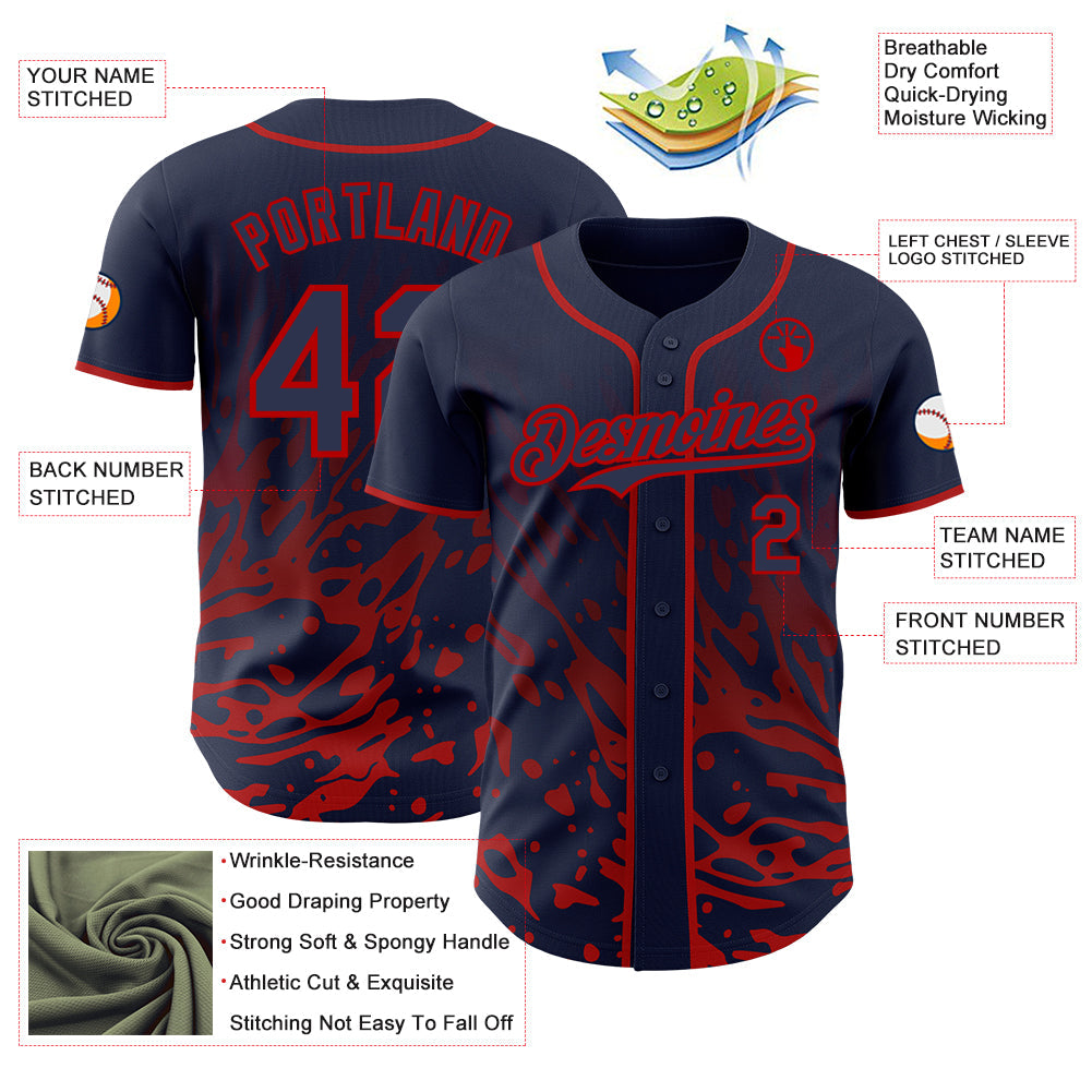 Custom Navy-Red Fluid Liquid Wave Splatter Authentic Baseball Jersey