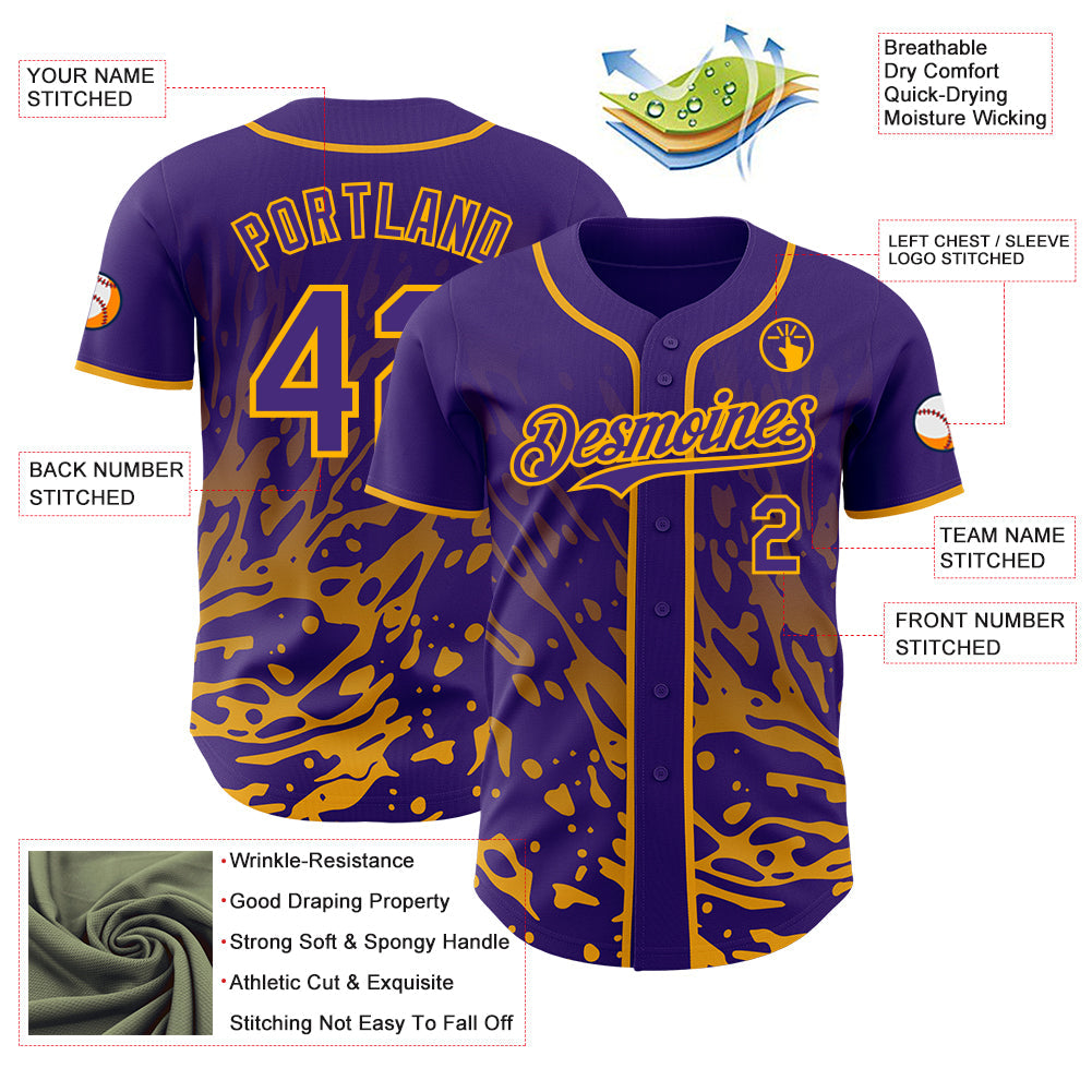 Custom Purple-Gold Fluid Liquid Wave Splatter Authentic Baseball Jersey
