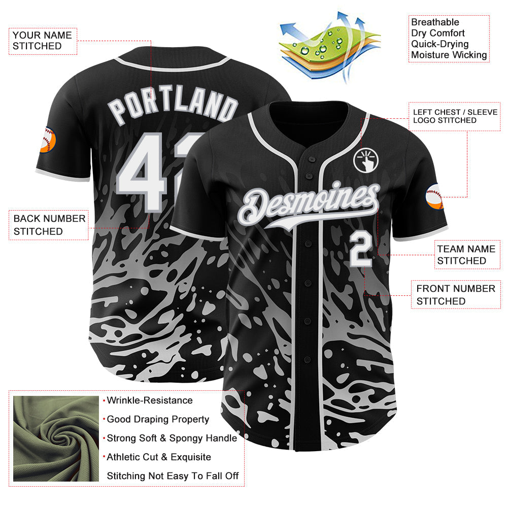Custom Black White-Gray Fluid Liquid Wave Splatter Authentic Baseball Jersey