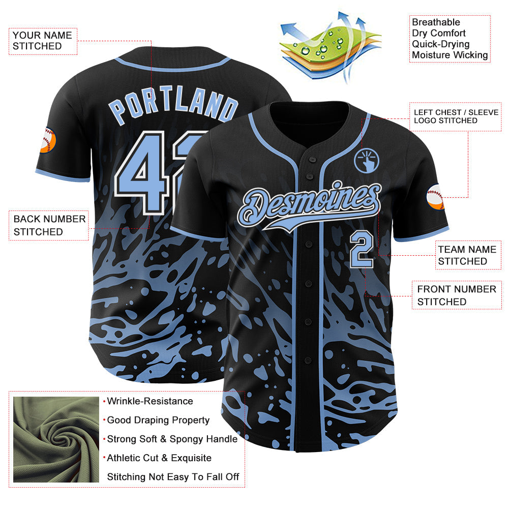 Custom Black Light Blue-White Fluid Liquid Wave Splatter Authentic Baseball Jersey