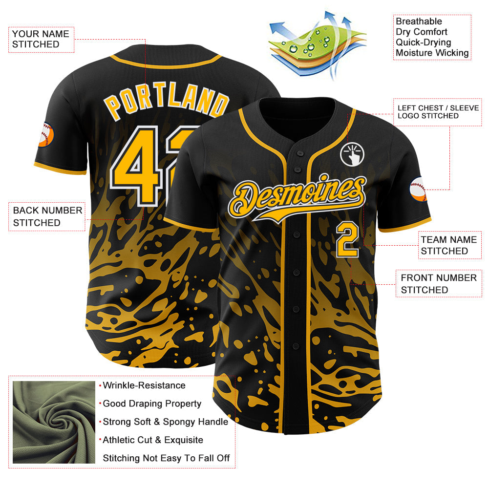 Custom Black Gold-White Fluid Liquid Wave Splatter Authentic Baseball Jersey