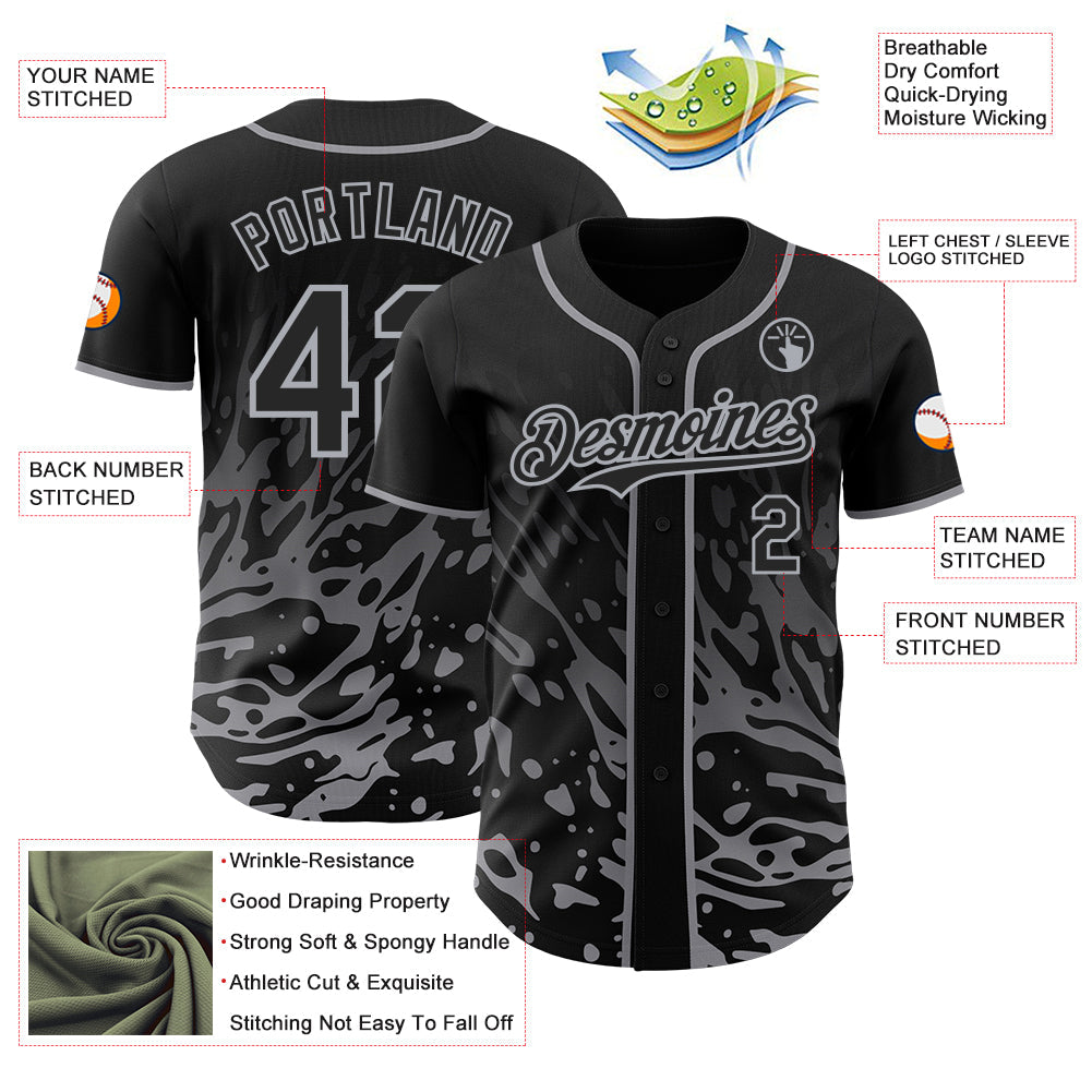Custom Black-Gray Fluid Liquid Wave Splatter Authentic Baseball Jersey