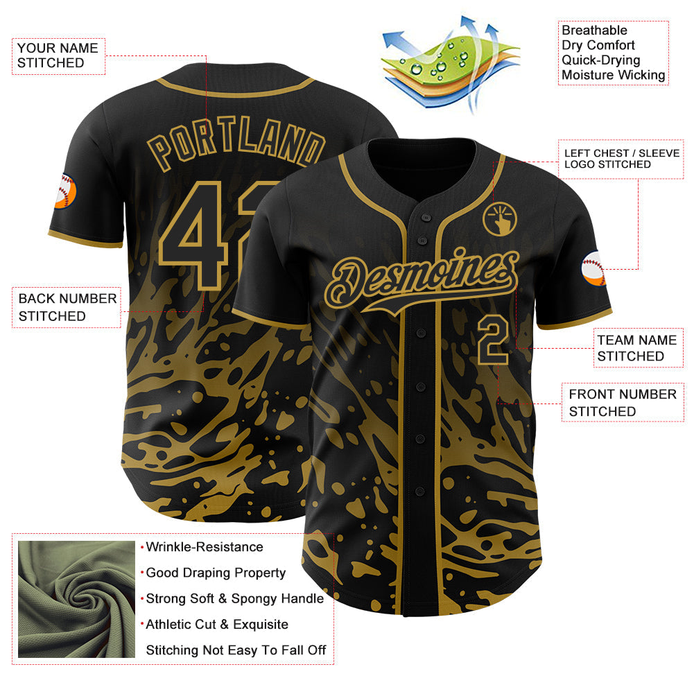 Custom Black-Old Gold Fluid Liquid Wave Splatter Authentic Baseball Jersey