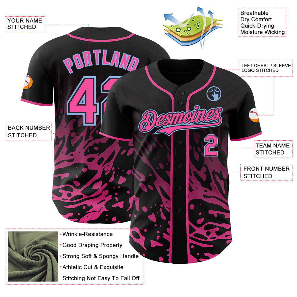 Custom Black Pink-Light Blue Fluid Liquid Wave Splatter Authentic Baseball Jersey