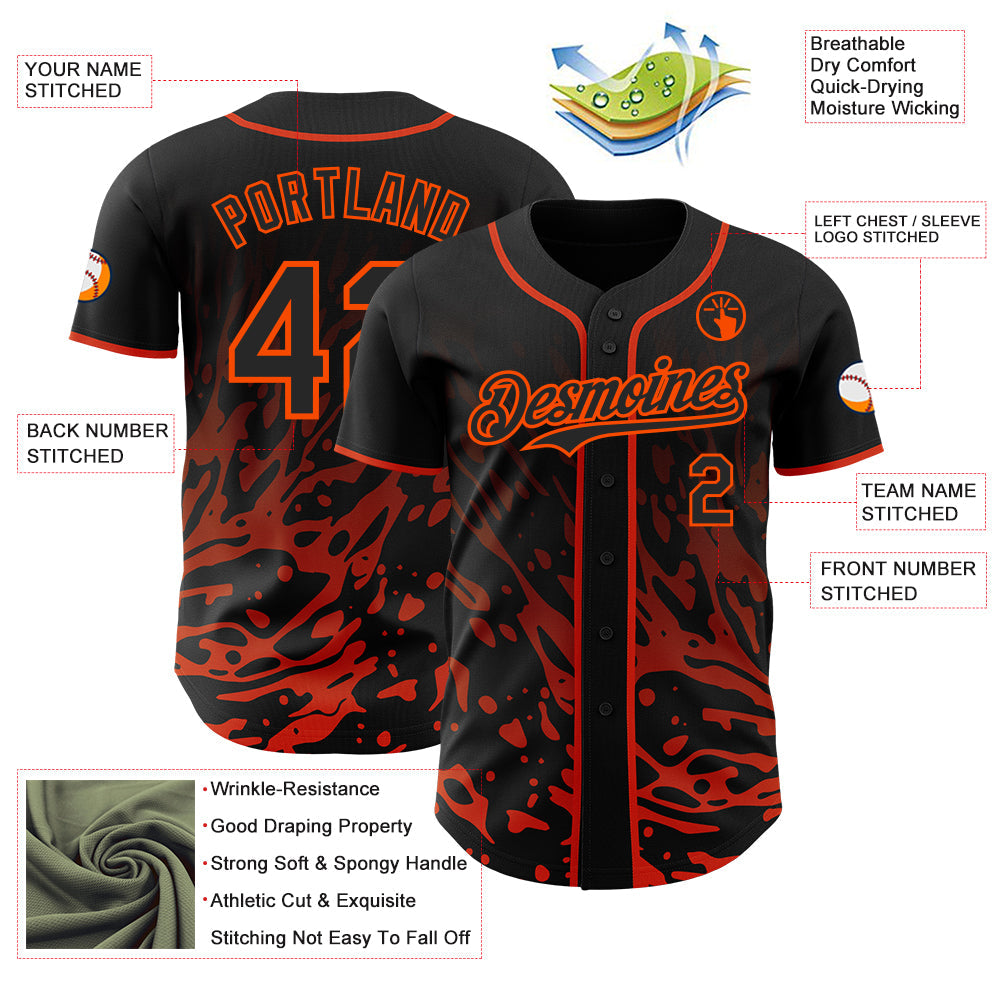 Custom Black-Orange Fluid Liquid Wave Splatter Authentic Baseball Jersey