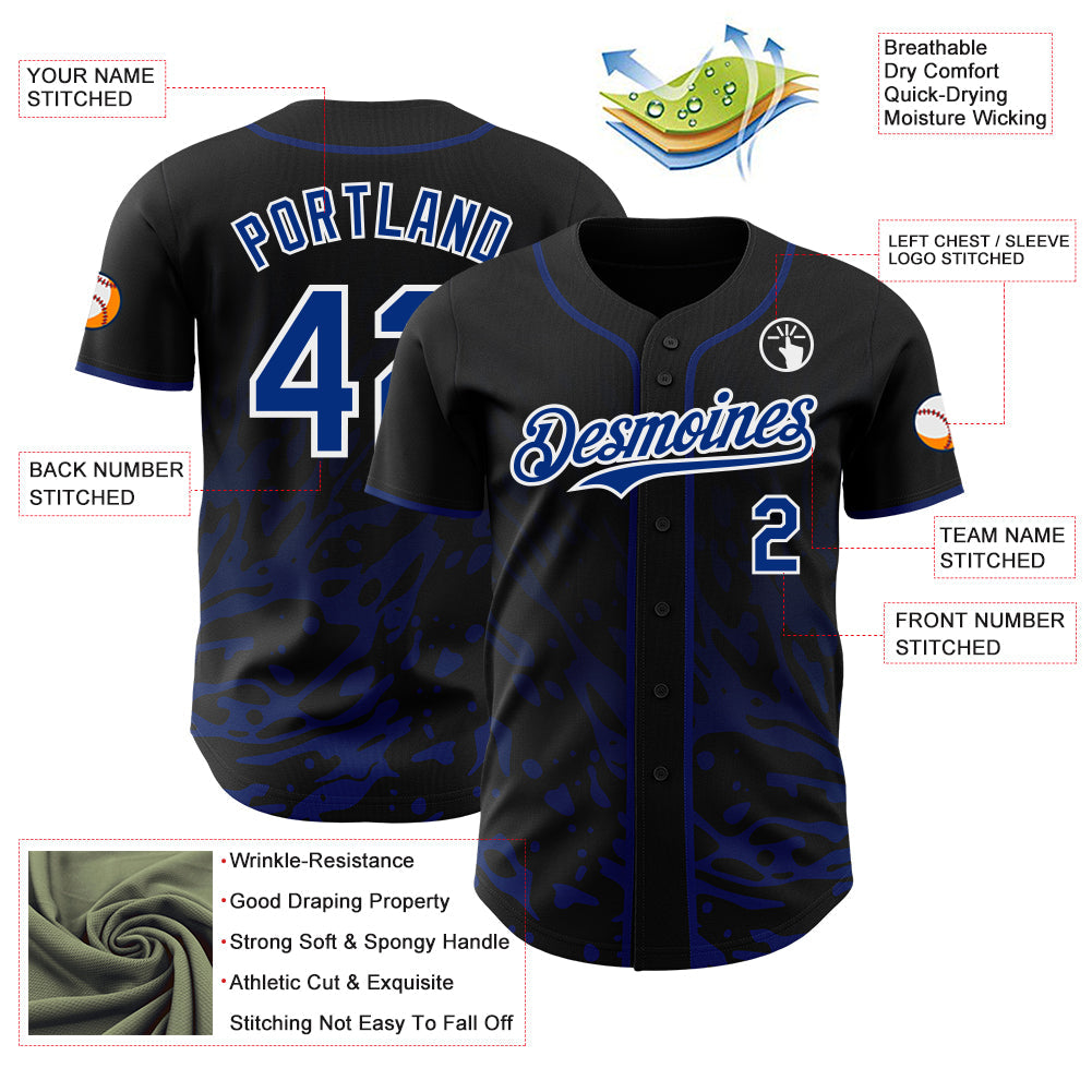 Custom Black Royal-White Fluid Liquid Wave Splatter Authentic Baseball Jersey