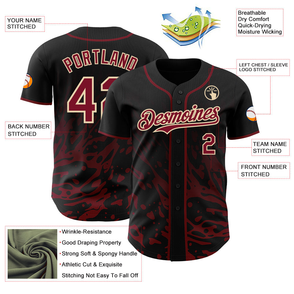 Custom Black Crimson-City Cream Fluid Liquid Wave Splatter Authentic Baseball Jersey