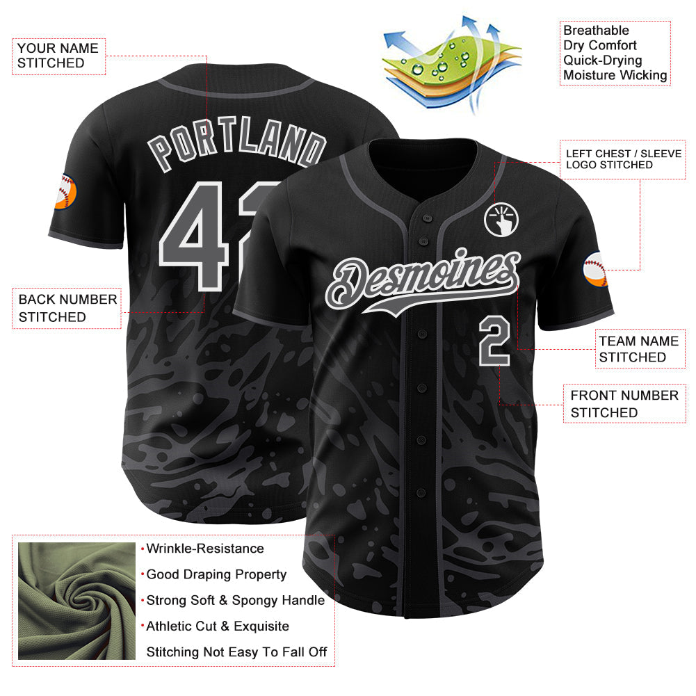 Custom Black Steel Gray-White Fluid Liquid Wave Splatter Authentic Baseball Jersey