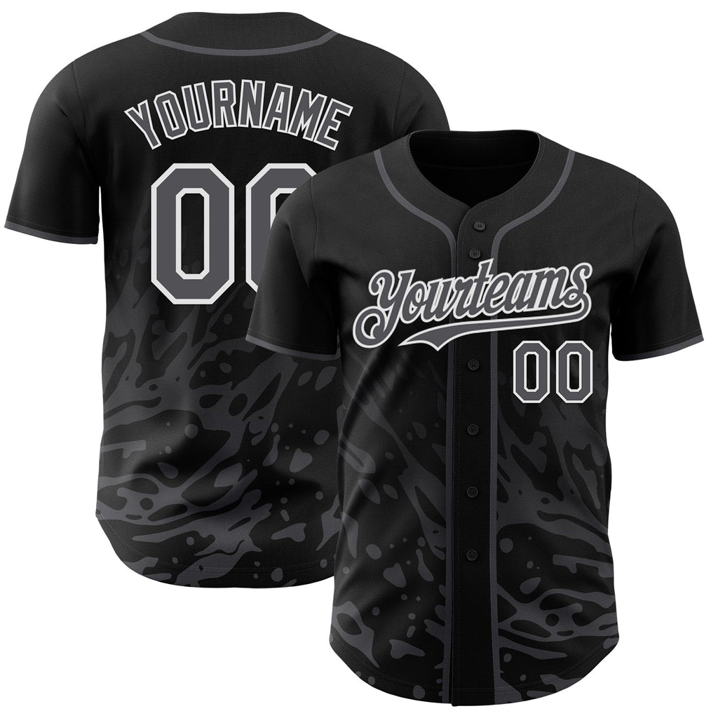 Custom Black Steel Gray-White Fluid Liquid Wave Splatter Authentic Baseball Jersey