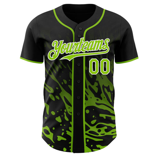 Custom Black Neon Green-White Fluid Liquid Wave Splatter Authentic Baseball Jersey