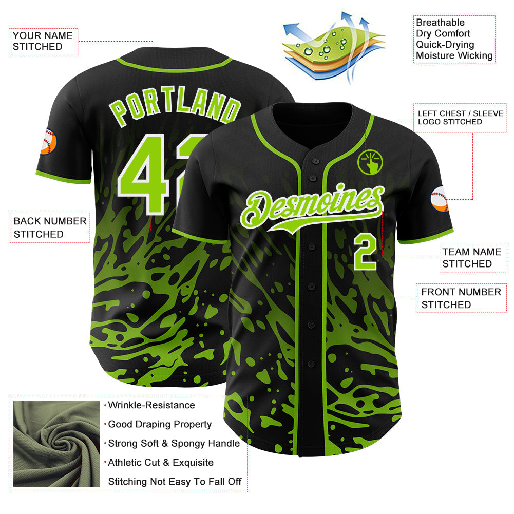 Custom Black Neon Green-White Fluid Liquid Wave Splatter Authentic Baseball Jersey