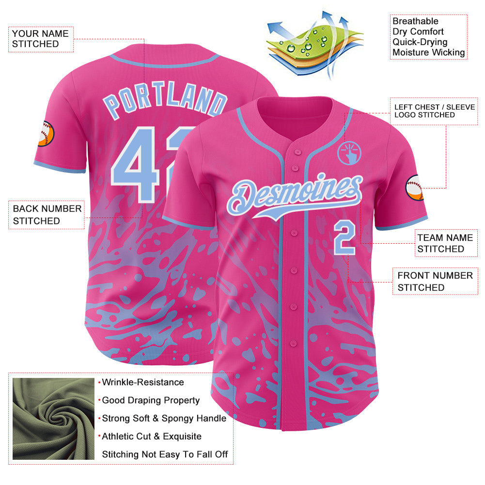 Custom Pink Light Blue-White Fluid Liquid Wave Splatter Authentic Baseball Jersey