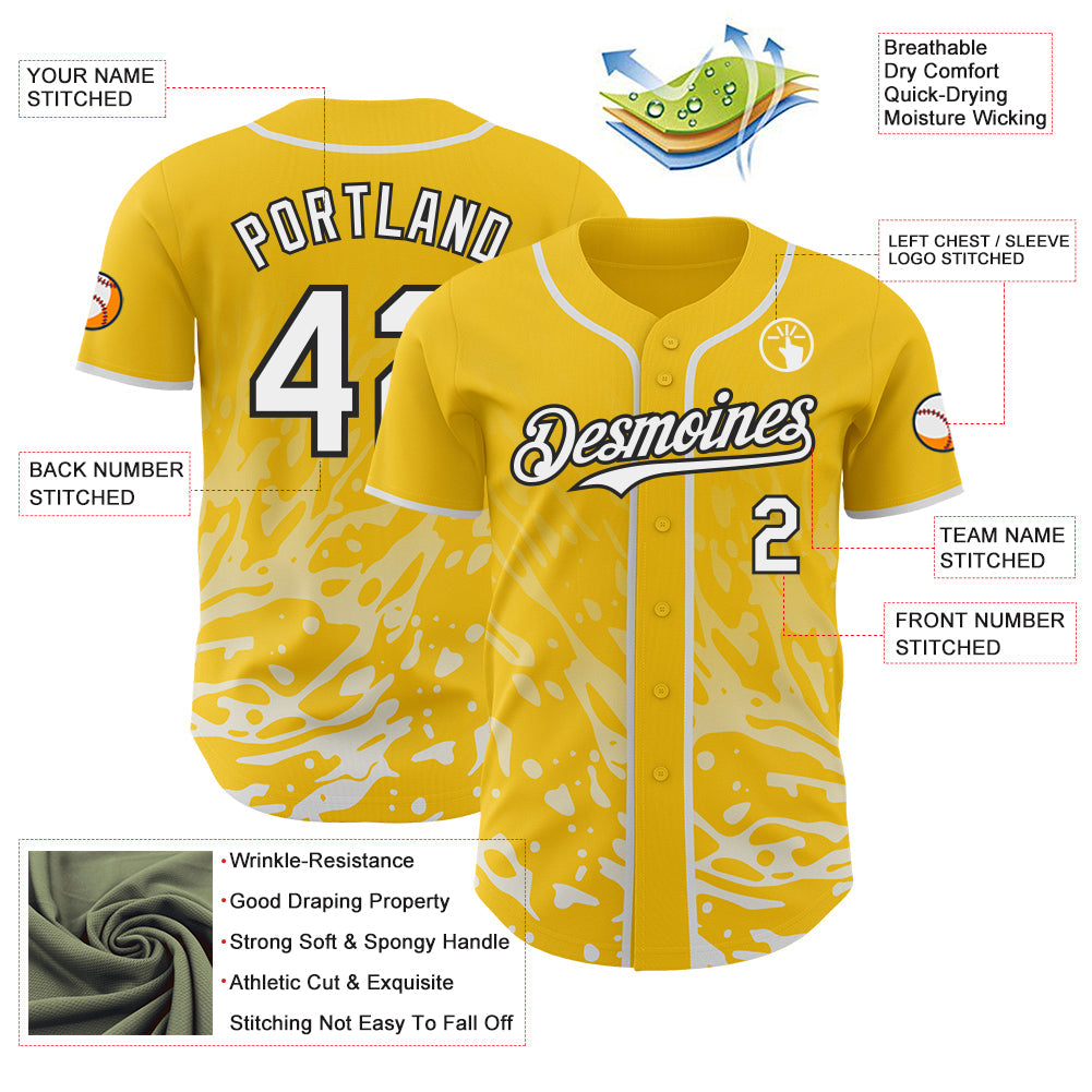 Custom Yellow White-Black Fluid Liquid Wave Splatter Authentic Baseball Jersey