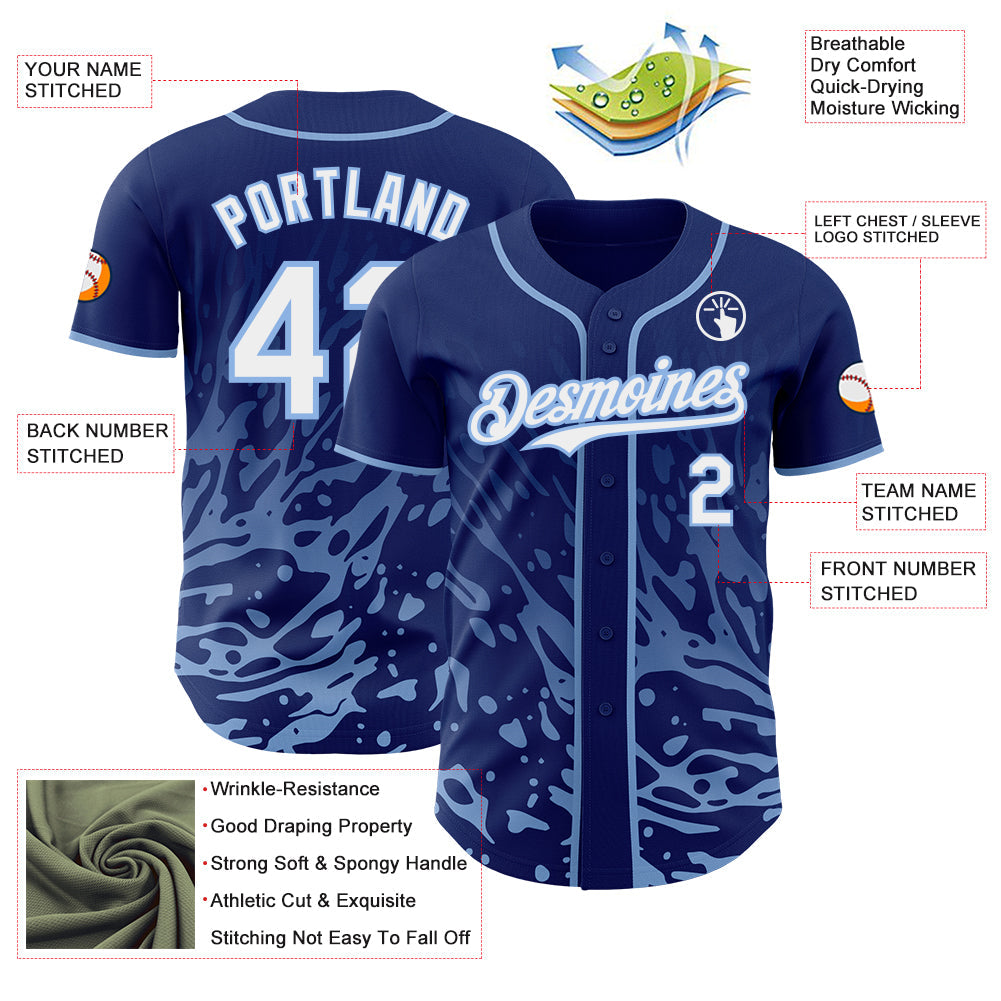 Custom Royal White-Light Blue Fluid Liquid Wave Splatter Authentic Baseball Jersey