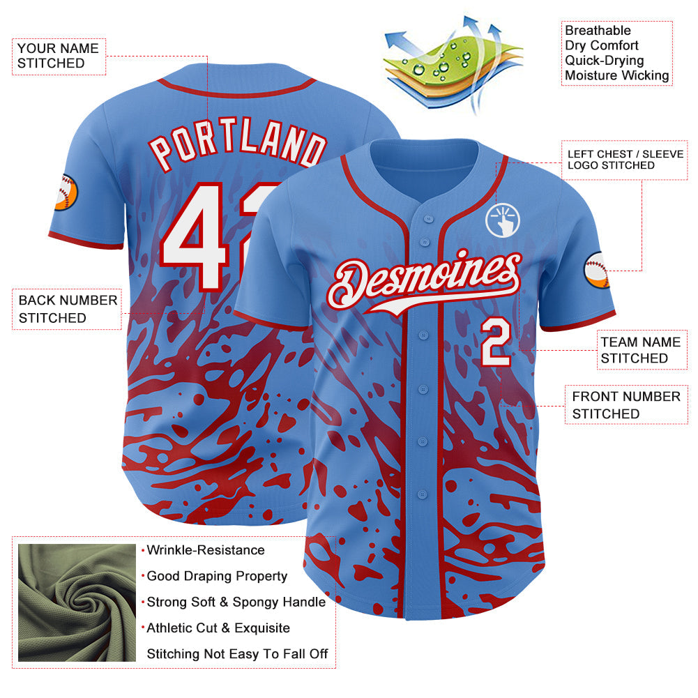 Custom Powder Blue White-Red Fluid Liquid Wave Splatter Authentic Baseball Jersey