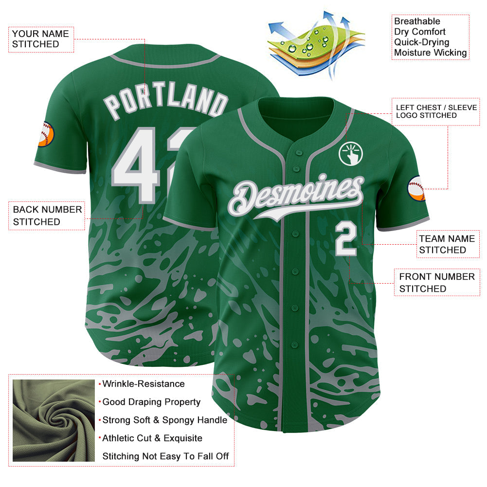 Custom Kelly Green White-Gray Fluid Liquid Wave Splatter Authentic Baseball Jersey