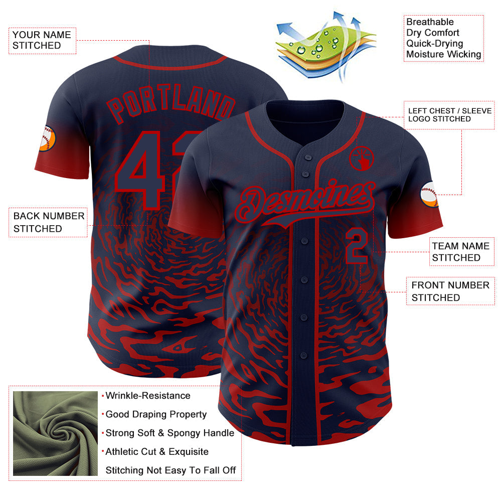 Custom Navy-Red Fluid Wave Splatter Gradient Authentic Baseball Jersey