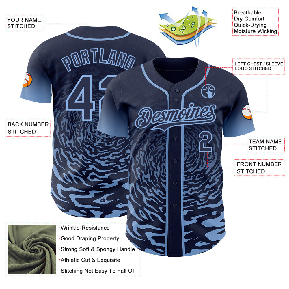 Custom Navy-Light Blue Fluid Wave Splatter Gradient Authentic Baseball Jersey