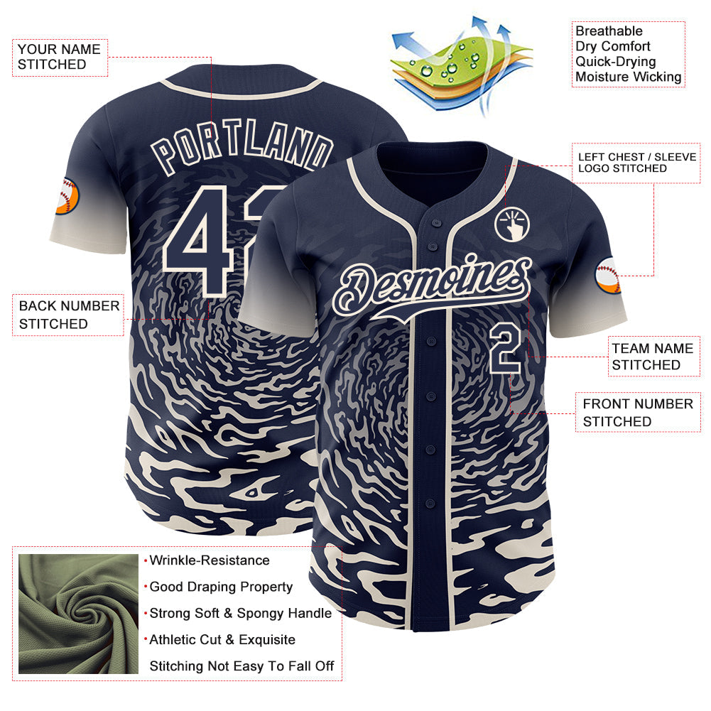 Custom Navy-Cream Fluid Wave Splatter Gradient Authentic Baseball Jersey