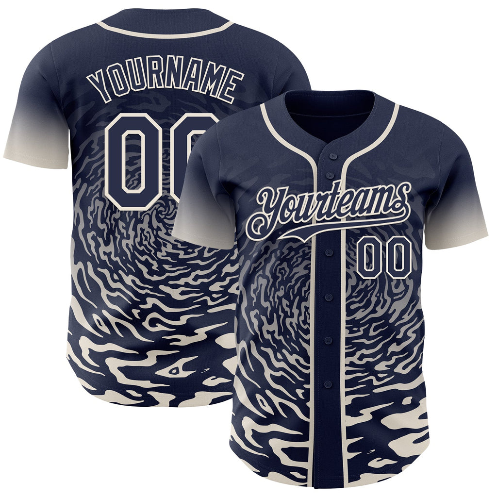 Custom Navy-Cream Fluid Wave Splatter Gradient Authentic Baseball Jersey
