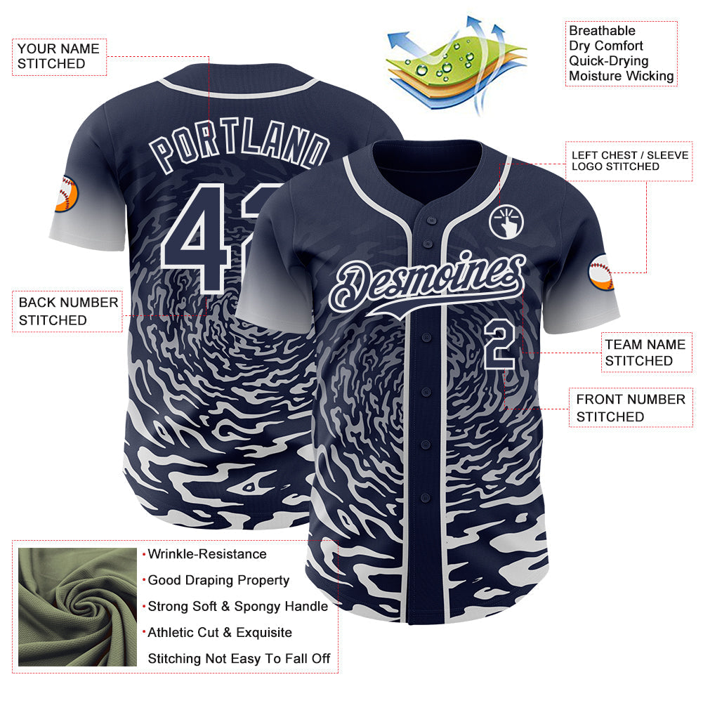 Custom Navy-White Fluid Wave Splatter Gradient Authentic Baseball Jersey