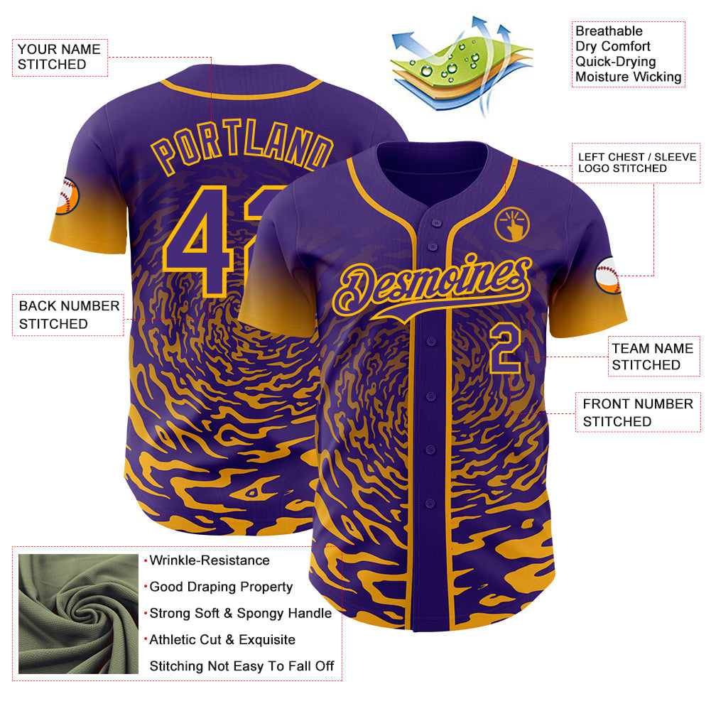 Custom Purple-Gold Fluid Wave Splatter Gradient Authentic Baseball Jersey