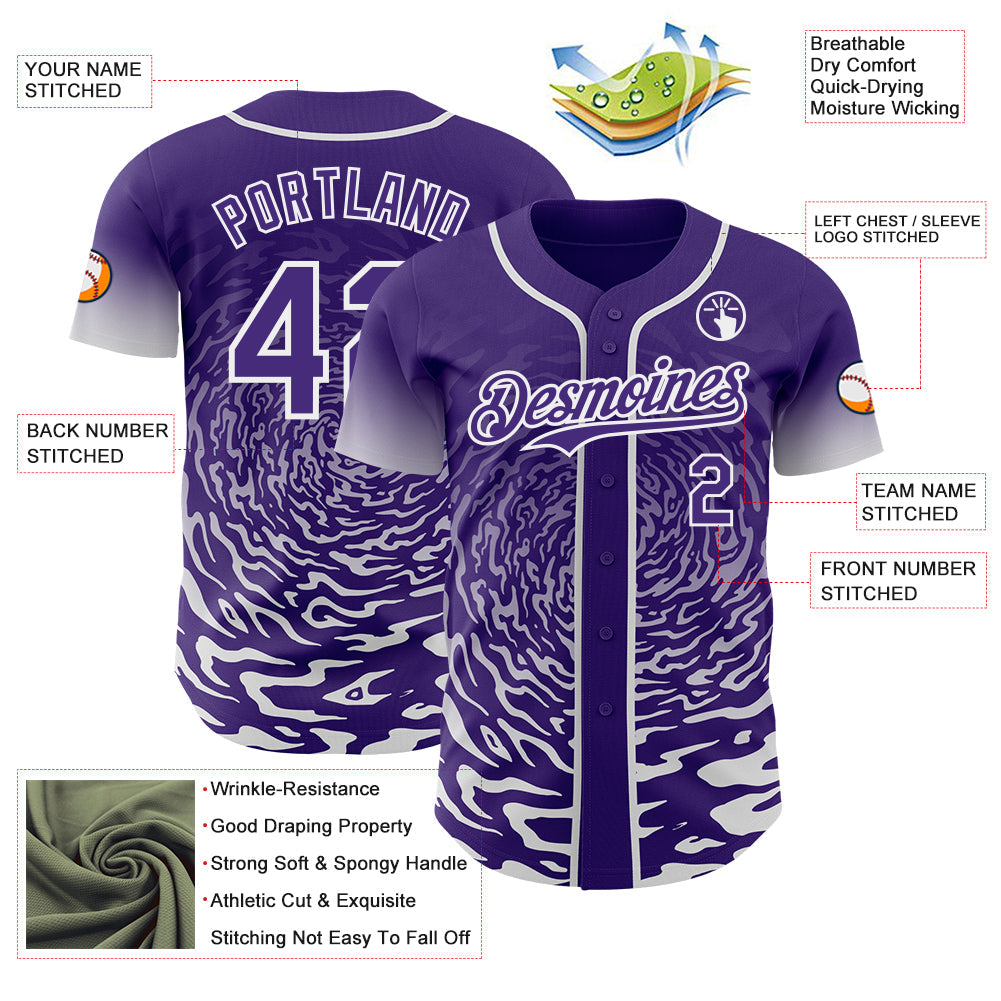Custom Purple-White Fluid Wave Splatter Gradient Authentic Baseball Jersey