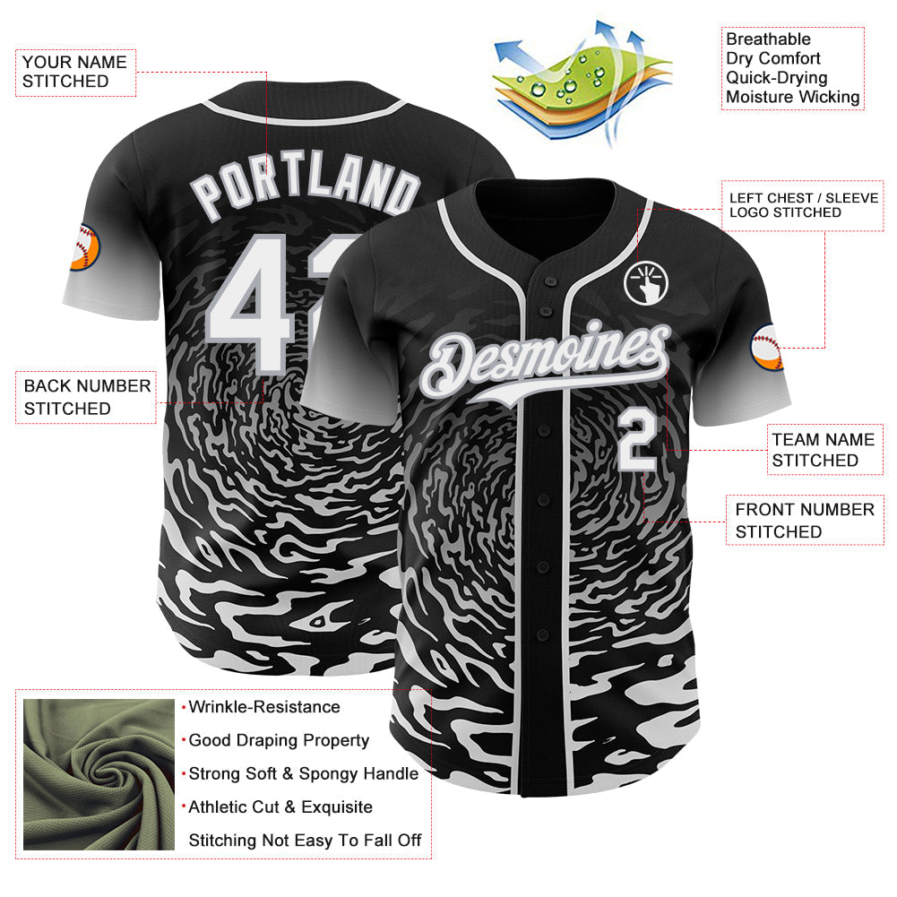 Custom Black White-Gray Fluid Wave Splatter Gradient Authentic Baseball Jersey