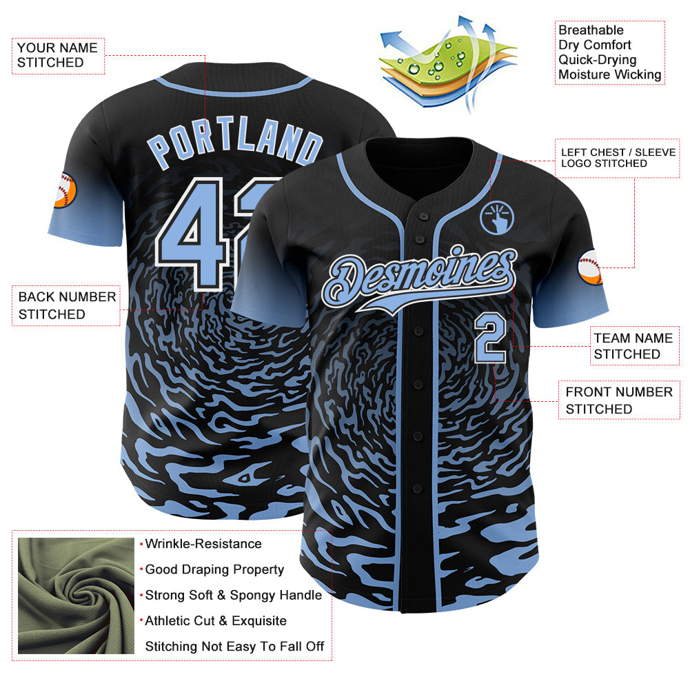 Custom Black Light Blue-White Fluid Wave Splatter Gradient Authentic Baseball Jersey