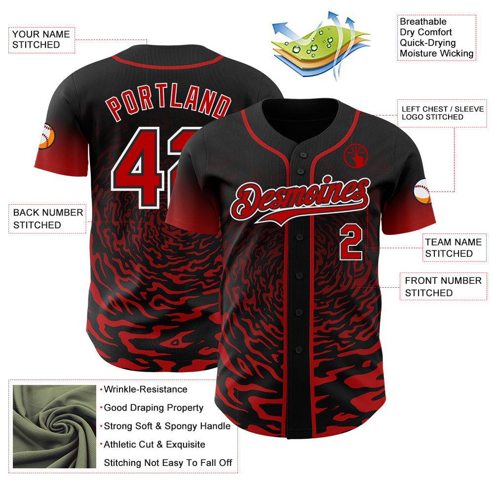 Custom Black Red-White Fluid Wave Splatter Gradient Authentic Baseball Jersey