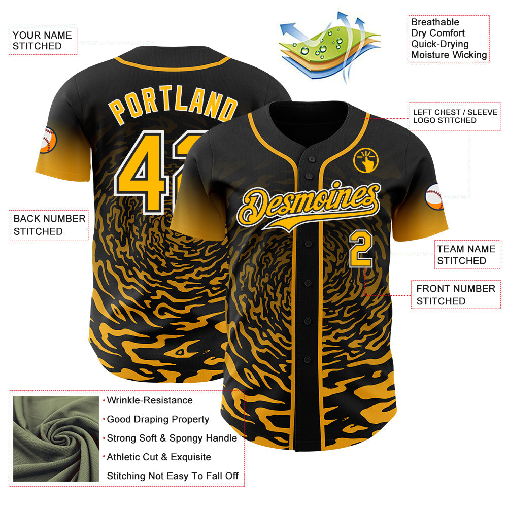 Custom Black Gold-White Fluid Wave Splatter Gradient Authentic Baseball Jersey