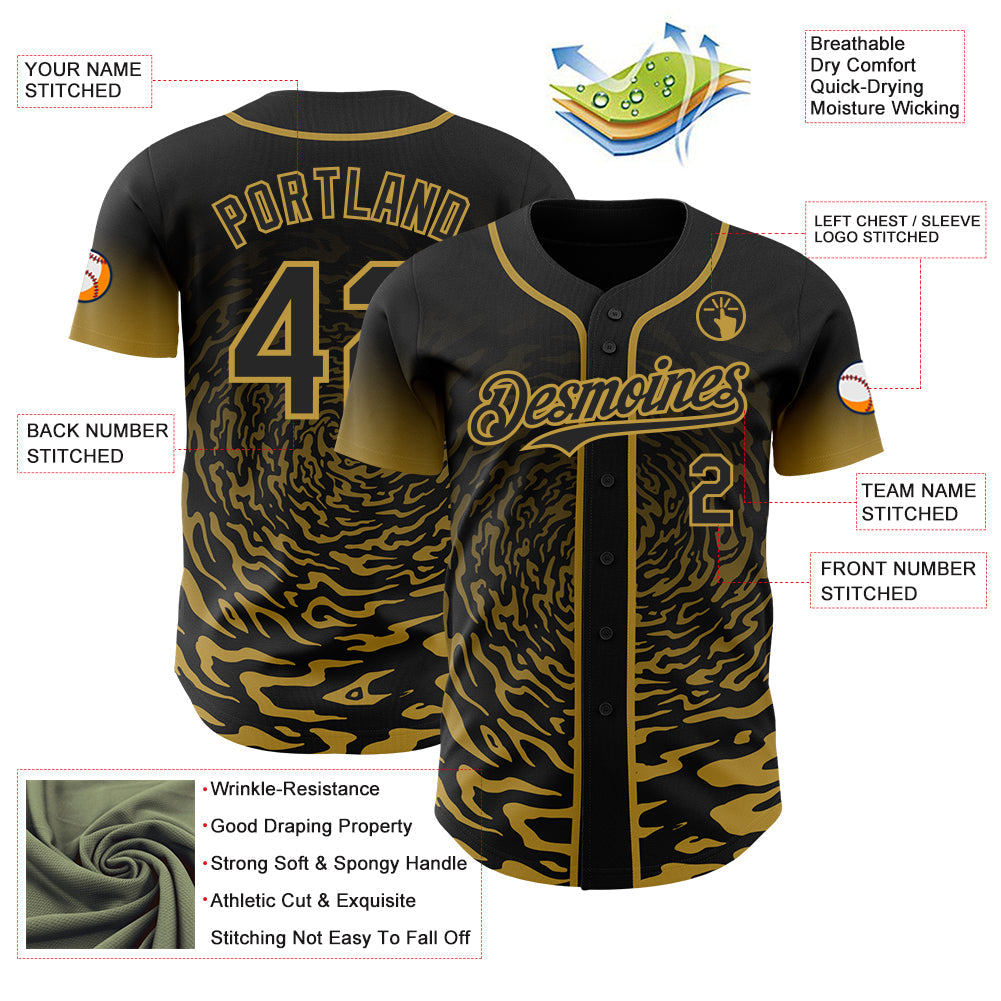 Custom Black-Old Gold Fluid Wave Splatter Gradient Authentic Baseball Jersey