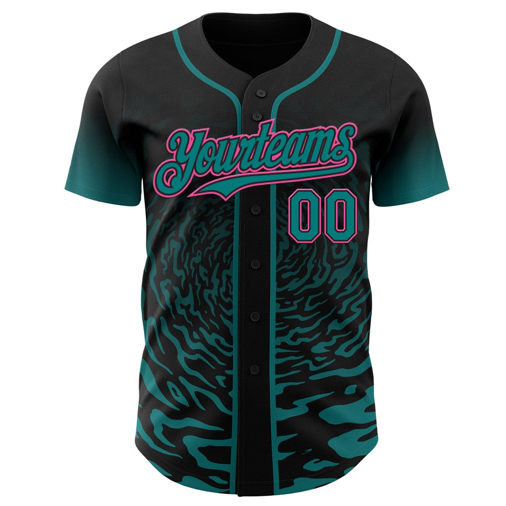 Custom Black Teal-Pink Fluid Wave Splatter Gradient Authentic Baseball Jersey