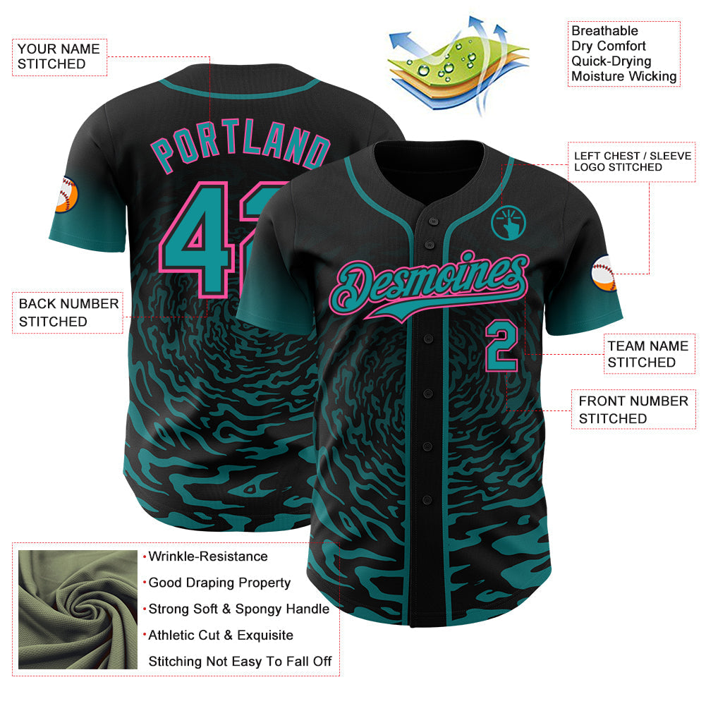 Custom Black Teal-Pink Fluid Wave Splatter Gradient Authentic Baseball Jersey