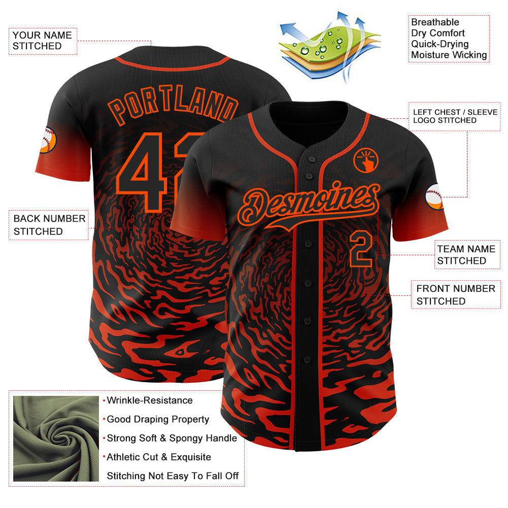 Custom Black-Orange Fluid Wave Splatter Gradient Authentic Baseball Jersey