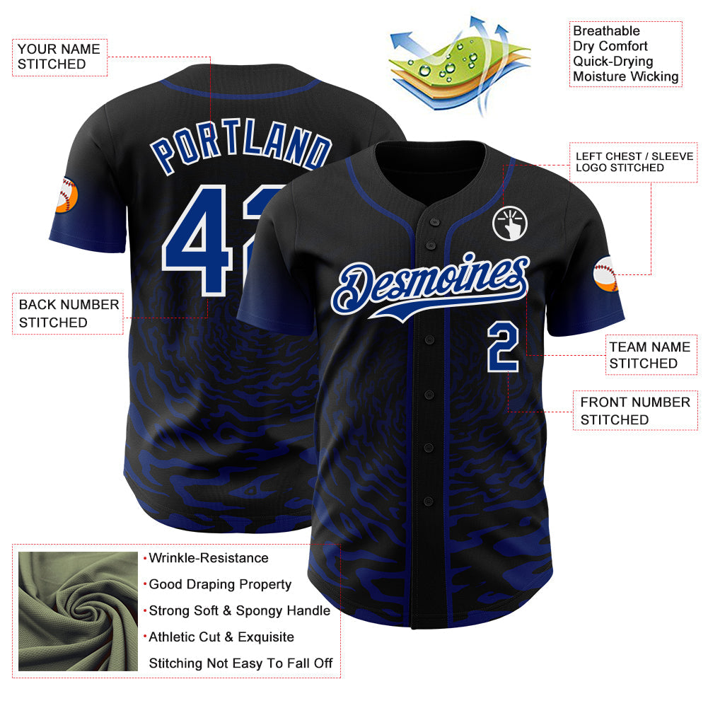 Custom Black Royal-White Fluid Wave Splatter Gradient Authentic Baseball Jersey