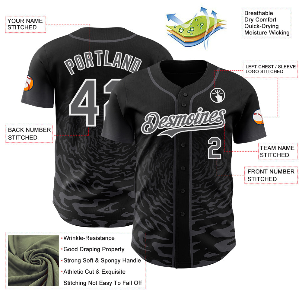 Custom Black Steel Gray-White Fluid Wave Splatter Gradient Authentic Baseball Jersey
