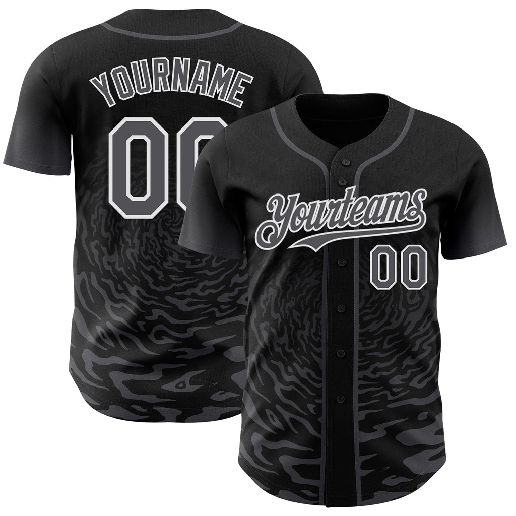 Custom Black Steel Gray-White Fluid Wave Splatter Gradient Authentic Baseball Jersey