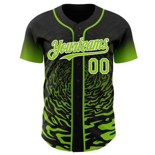 Custom Black Neon Green-White Fluid Wave Splatter Gradient Authentic Baseball Jersey
