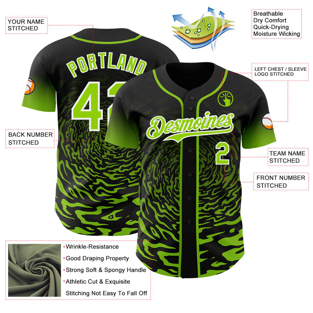 Custom Black Neon Green-White Fluid Wave Splatter Gradient Authentic Baseball Jersey