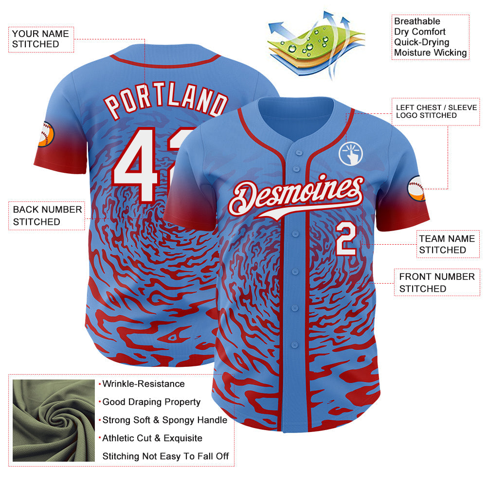 Custom Powder Blue White-Red Fluid Wave Splatter Gradient Authentic Baseball Jersey