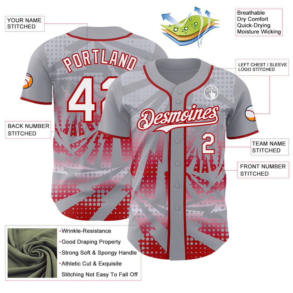 Custom Gray White-Red Lightning Gradient Dot Authentic Baseball Jersey