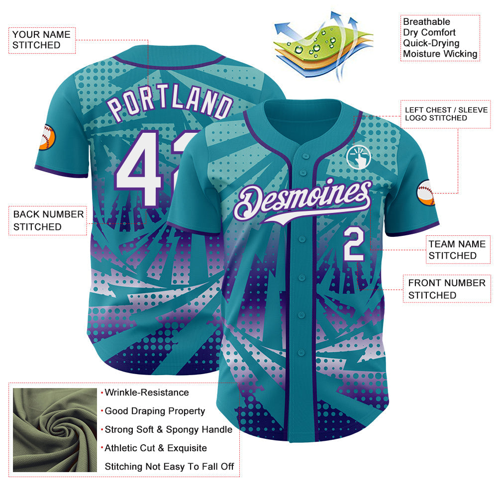 Custom Teal White-Purple Lightning Gradient Dot Authentic Baseball Jersey