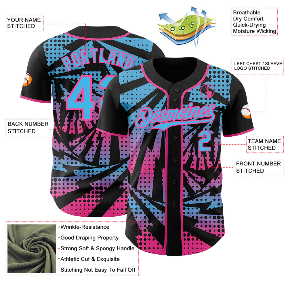 Custom Black Sky Blue-Pink Lightning Gradient Dot Authentic Baseball Jersey