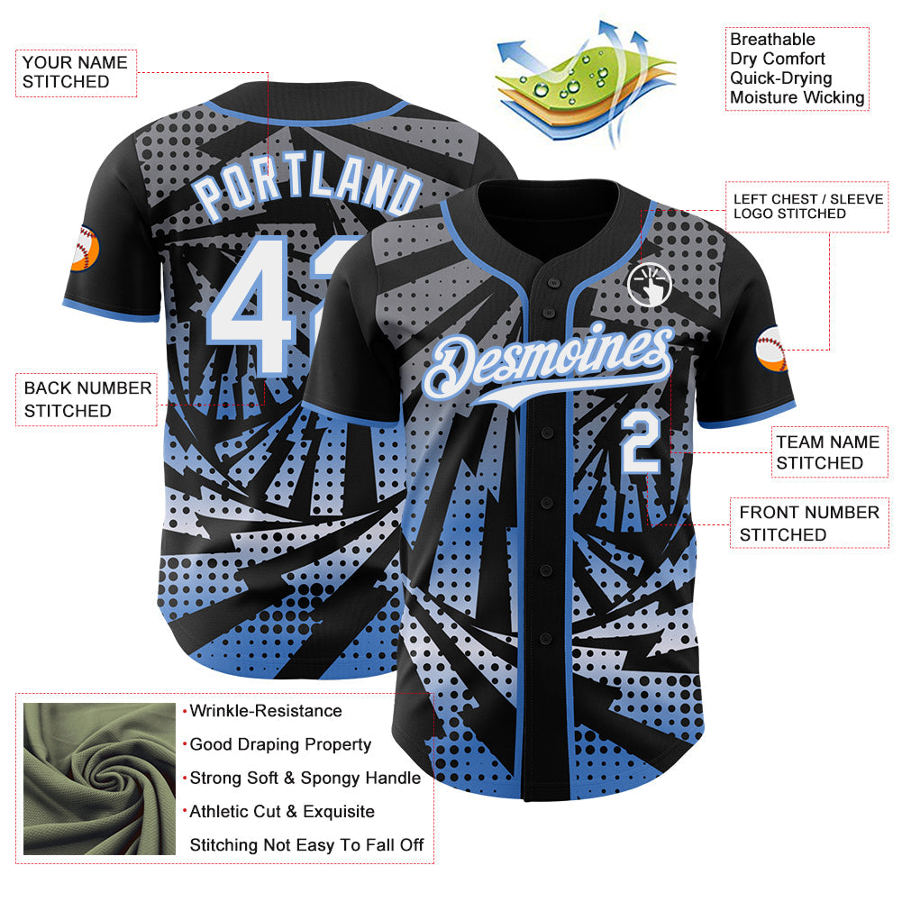 Custom Black White-Light Blue Lightning Gradient Dot Authentic Baseball Jersey