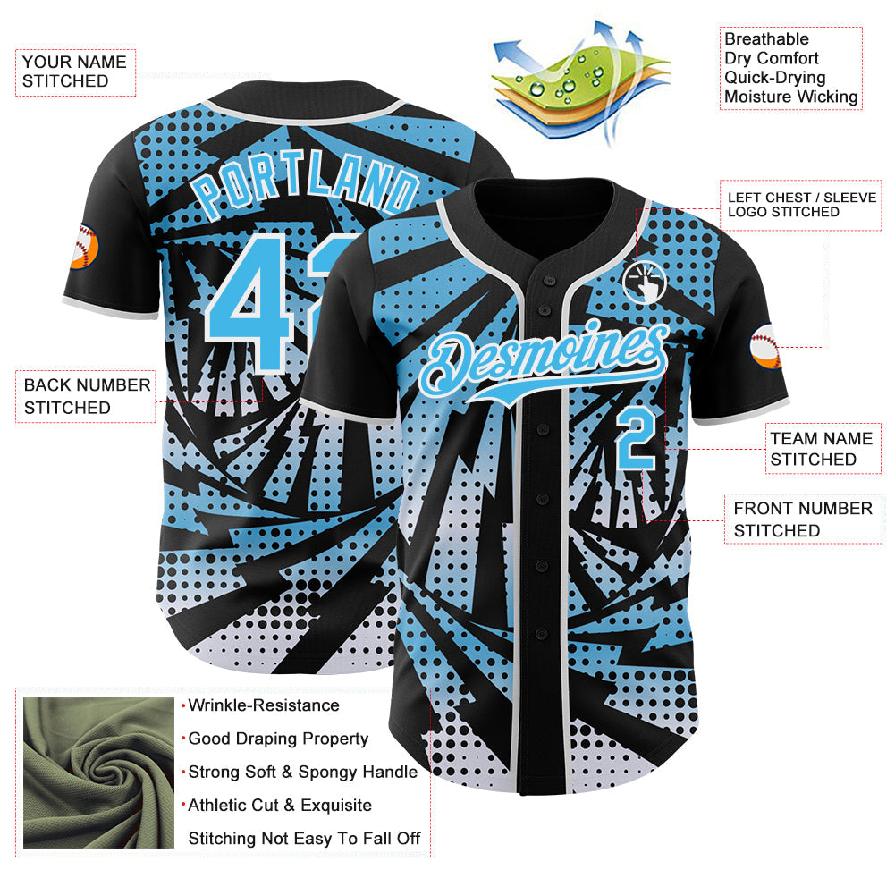 Custom Black Sky Blue-White Lightning Gradient Dot Authentic Baseball Jersey